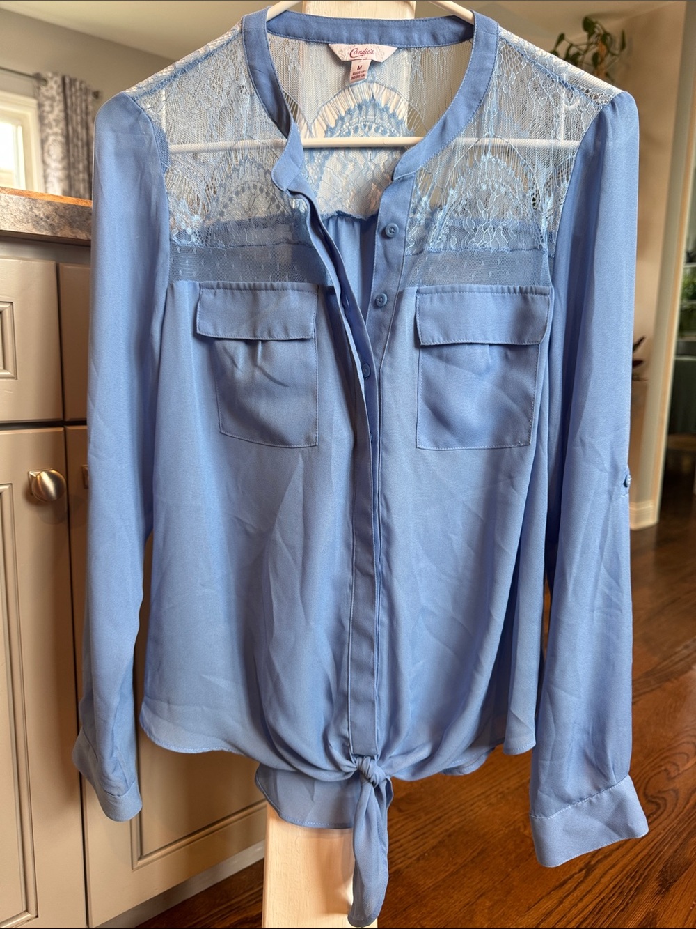 Candie's Light Blue Lace-Yoke Tie Front Blouse